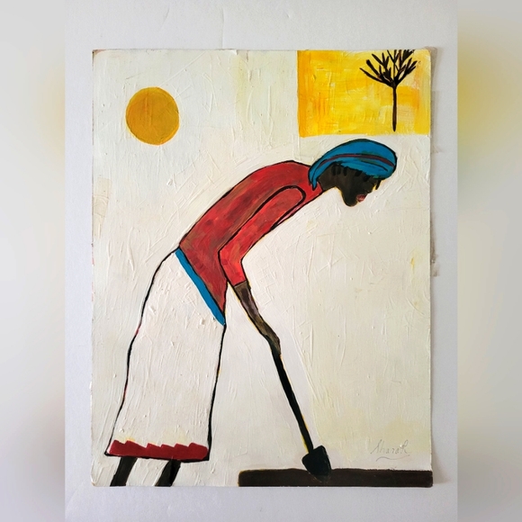 11x14 Original Painting AfricanOld woman working ethnic art red whiteblue